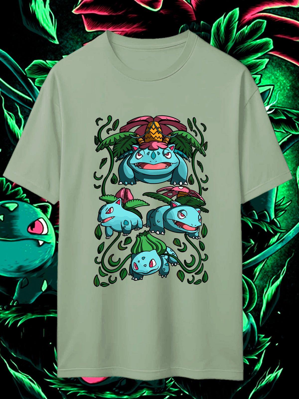 Camiseta Bulbasaur Evoluciones | Línea Kanto Pokémon | Estilo Vintage Verde