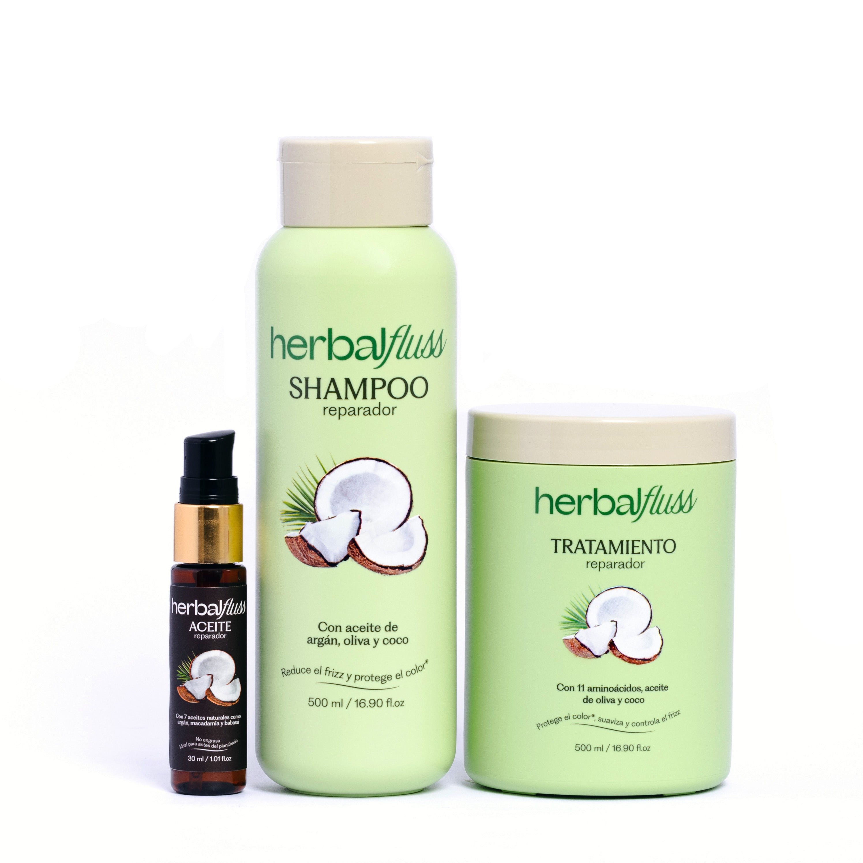 Kit Rutina Reparación Total Herbalfluss (Shampoo 500ml + Trat 500ml + Aceite)