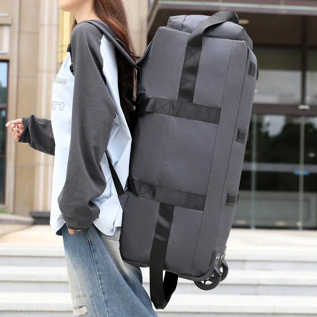 Roller Travel Duffel Bag with Fixed Casters Grey-4