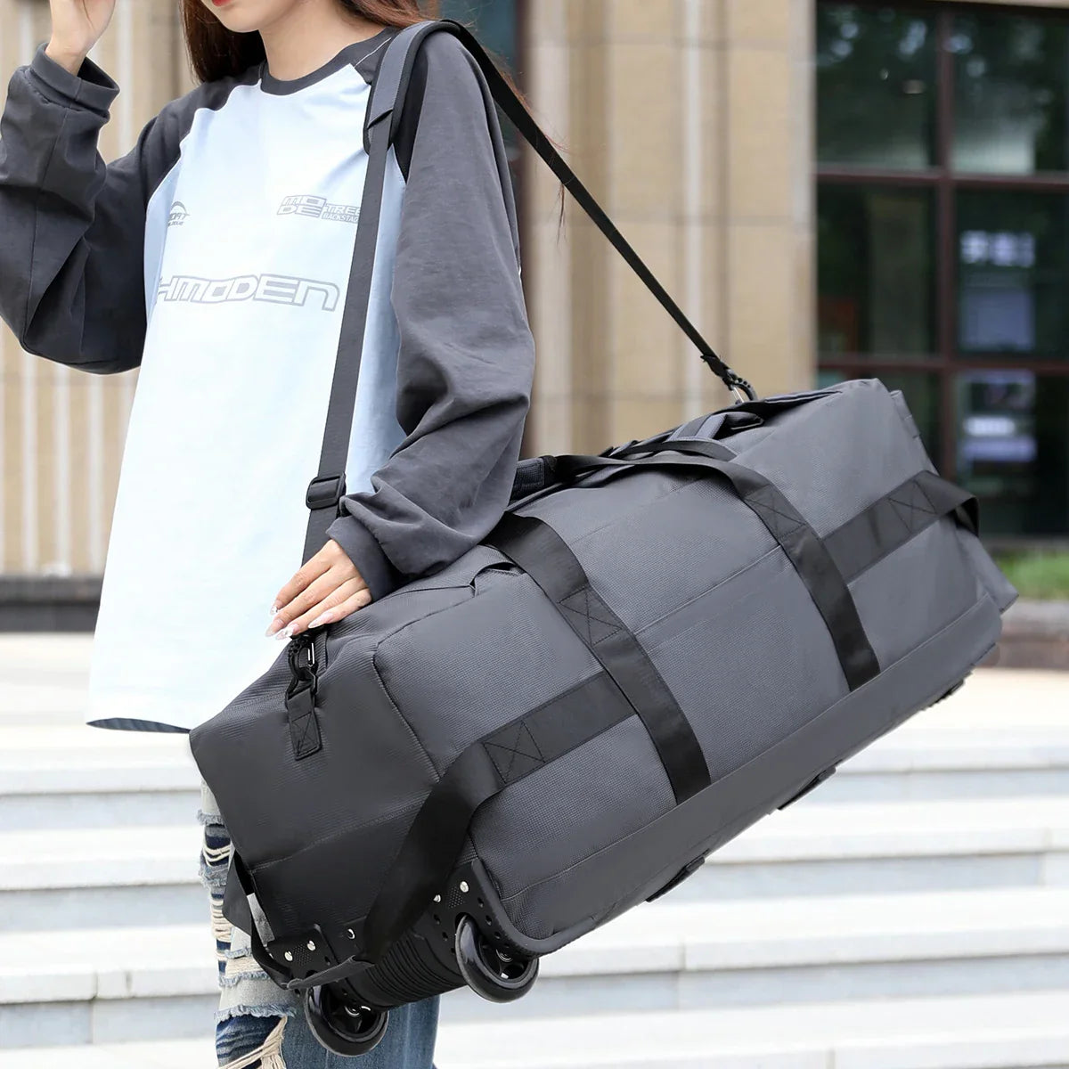 Roller Travel Duffel Bag with Fixed Casters Grey-1